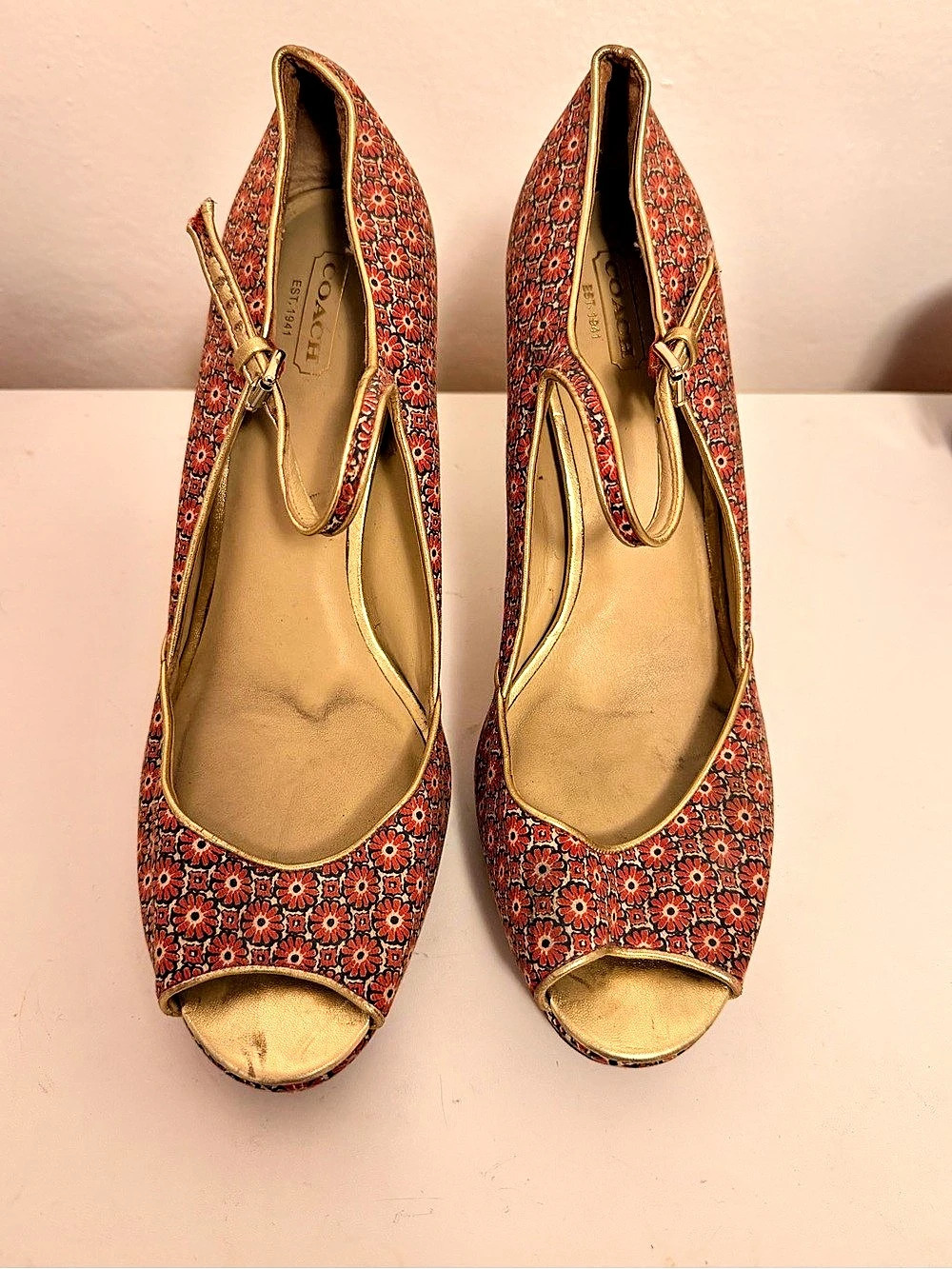 Coach Shea Floral Mary Jane Peep-Toe Heels Red & Black